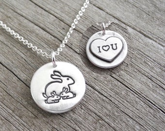 Personalized Small Mother and Twin Rabbit Necklace, Two Children, Engraved Heart, Fine Silver, Sterling Silver Chain, Made To Order