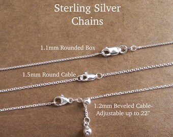 Sterling Silver Chain, Rounded Box, Round Cable, Adjustable Beveled Cable, 925 Sterling Silver, Various Lengths, Ready To Ship