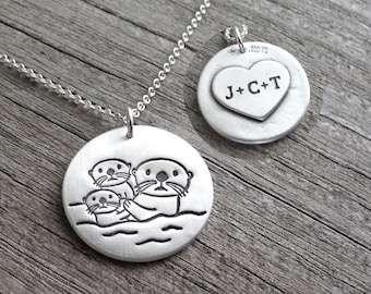 Personalized Otter Necklace, Mother and Two Babies, Engraved Heart, Fine Silver, Sterling Silver Chain, Made To Order