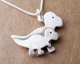 Mother and Baby T-Rex Necklace, Mom and Baby Dinosaur, New Mom Necklace, Mother and Child, Fine Silver, Sterling Silver Chain, Made To Order