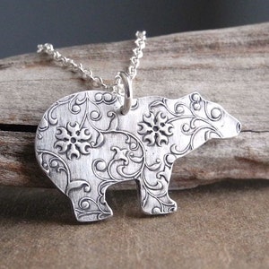 Silver Polar Bear Necklace, Fine Silver Flowering Vine Polar Bear, Sterling Silver Chain, Made To Order image 4