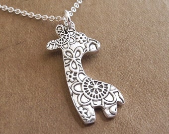 Silver Giraffe Necklace, Medium, Fine Silver Flowered Giraffe, Sterling Silver Chain, Made To Order