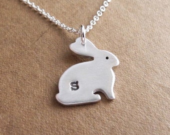 Personalized Little Rabbit Necklace, Bunny Initial Necklace, Fine Silver, Sterling Silver Chain, Made To Order