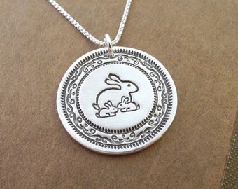 Mother and Twin Rabbit Necklace, Mom and Two Kids, Family Necklace, Twin Jewelry, Fine Silver, Sterling Silver Chain, Made To Order