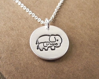 Small Mother and Baby Elephant Necklace, New Mom Necklace, Fine Silver, Sterling Silver Chain, Made To Order