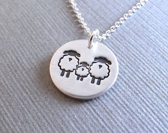 Small Sheep Family Necklace, Mom, Dad, Baby, Two Moms, Two Dads, New Family, Fine Silver, Sterling Silver Chain, Made To Order