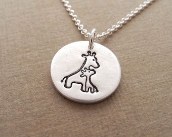 Small Mother and Baby Giraffe Necklace, New Mom Necklace, Fine Silver, Sterling Silver Chain, Made To Order