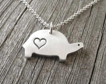 Turtle Necklace, Heart, Love, Silver Turtle Jewelry, Tortoise Necklace, Tortoise Pendant, Fine and Sterling Silver, Made To Order