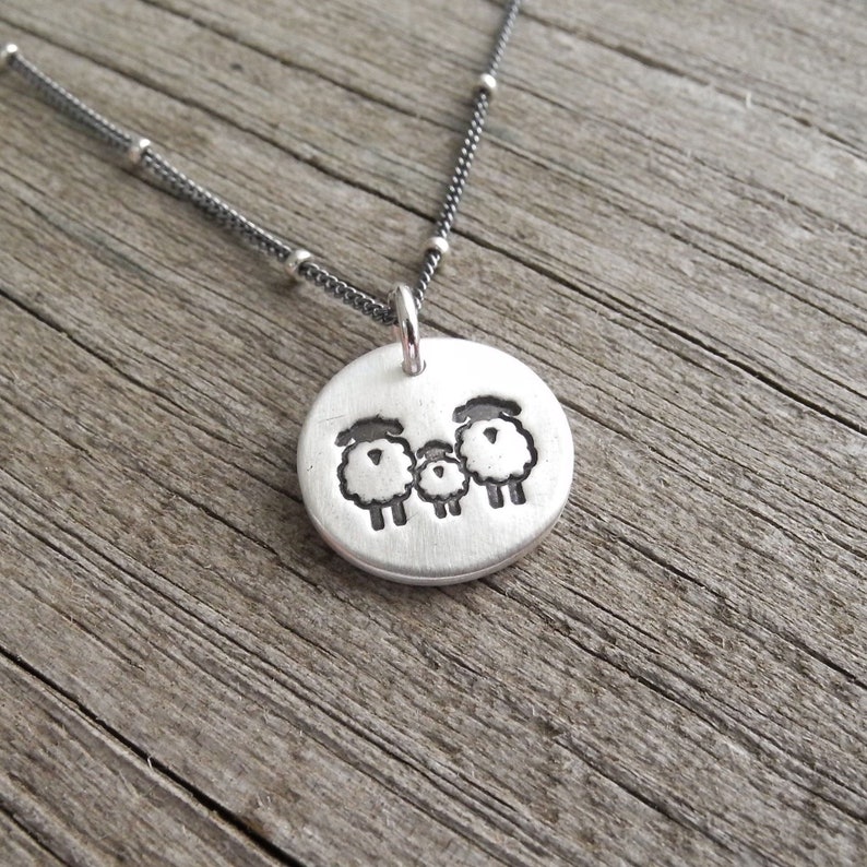 Tiny Sheep Family Necklace, Ewe, Lamb, Ram Jewelry, New Family Necklace, Fine Silver, Sterling Silver Chain, Made To Order image 1