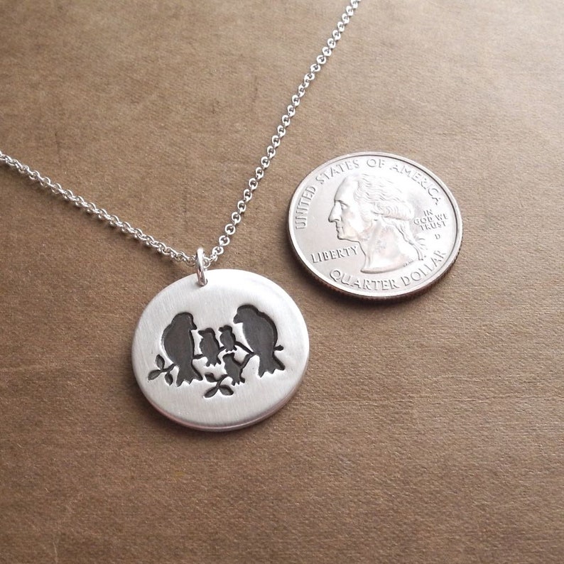 Bird Family of Five Necklace, Three Children, Mom, Dad, Three Babies, New Family Necklace, Fine Silver, Sterling Silver Chain, Made To Order image 3