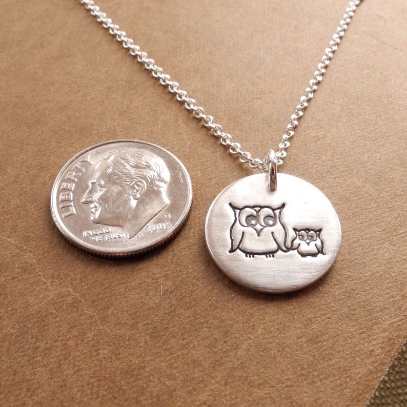 Owl Necklace, Small Mother and Baby Owl, New Mom Necklace, Mommy To Be Charm, Fine Silver, Sterling Silver Chain, Made To Order image 3