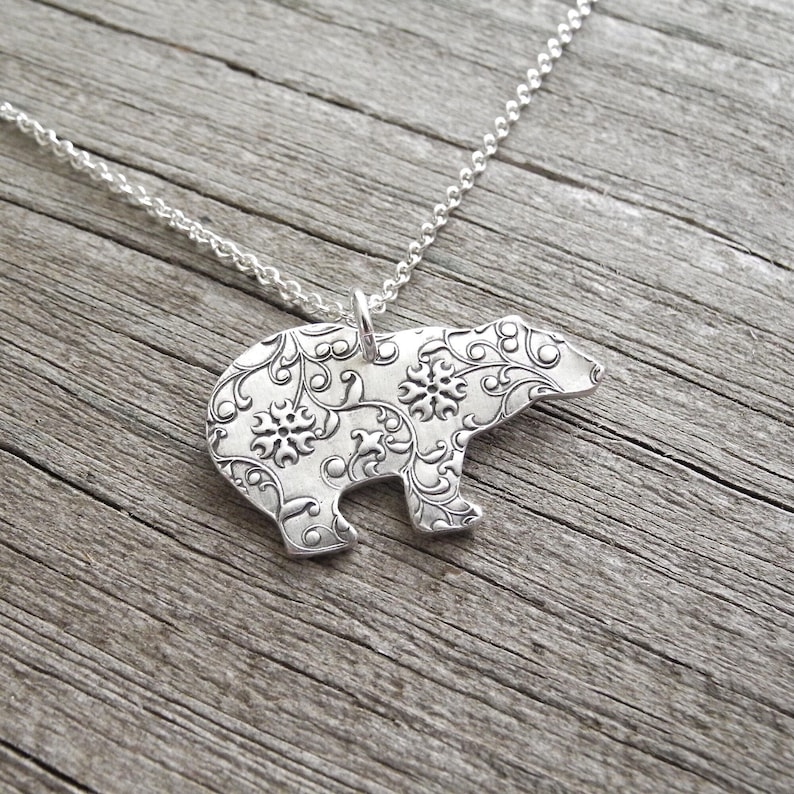 Silver Polar Bear Necklace, Fine Silver Flowering Vine Polar Bear, Sterling Silver Chain, Made To Order image 1