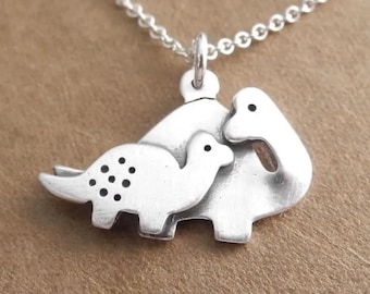 Mother and Baby Dinosaur Necklace, New Mom Necklace, Fine and Sterling Silver, Made To Order