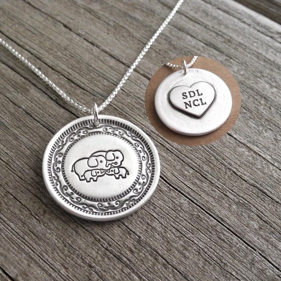 Personalized Elephant Family of Four Necklace, Engraved Heart Oval