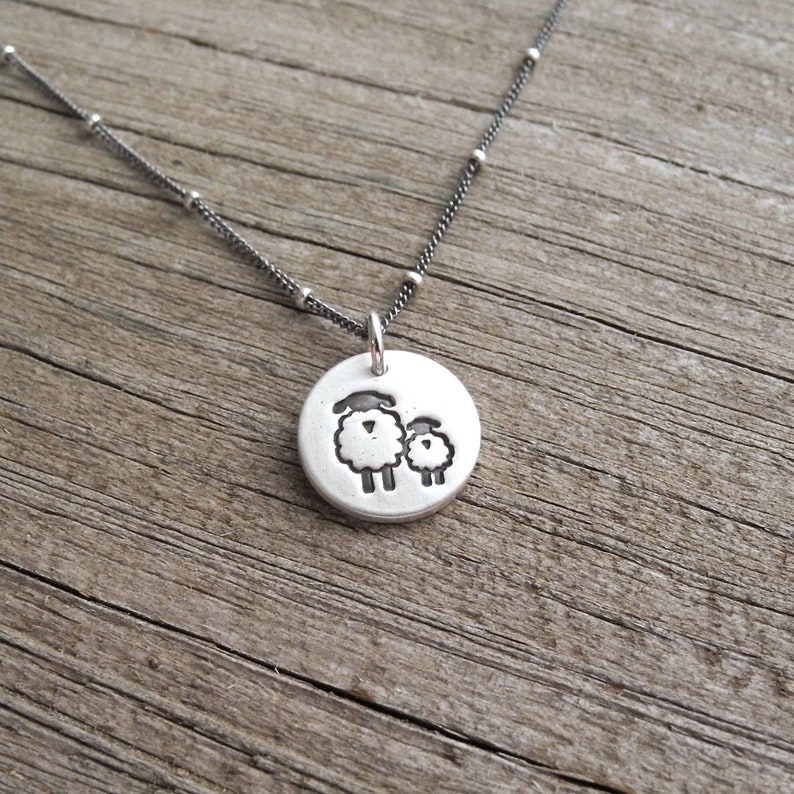Tiny Mother and Baby Sheep Necklace, Ewe and Lamb, New Mom Necklace, Fine Silver, Sterling Silver Chain, Made To Order image 1