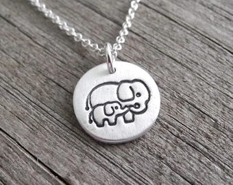Tiny Mother and Baby Elephant Necklace, New Mom Necklace, Mom and Baby Charm, Fine and Sterling Silver, Made To Order
