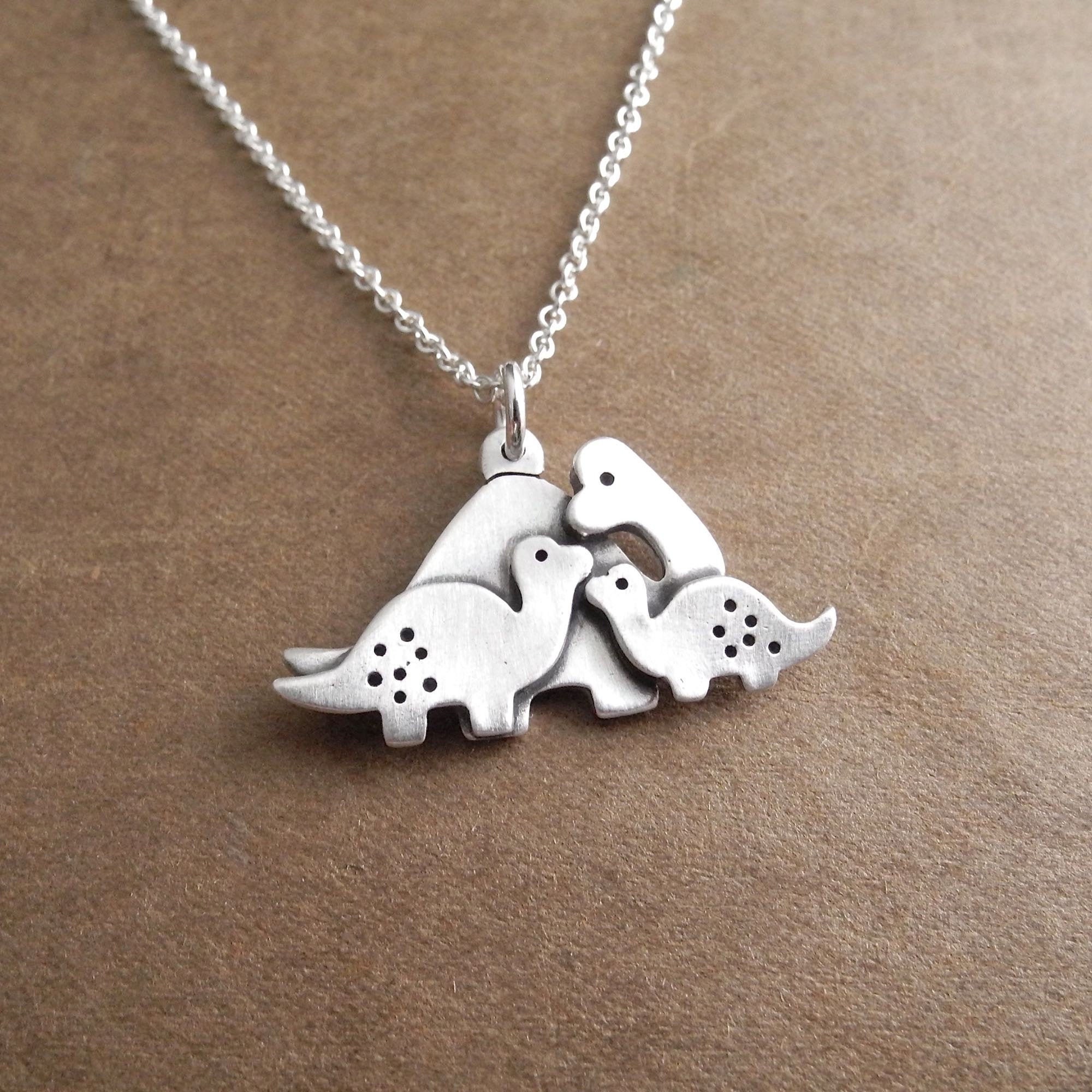 Mother and Two Baby Dinosaurs Necklace 