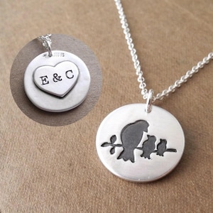 Personalized Mother and Two Baby Birds Necklace, Two Kids Children, Engraved Heart, Fine and Sterling Silver, Made To Order
