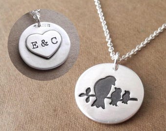 Personalized Mother and Two Baby Birds Necklace, Two Kids Children, Engraved Heart, Fine and Sterling Silver, Made To Order