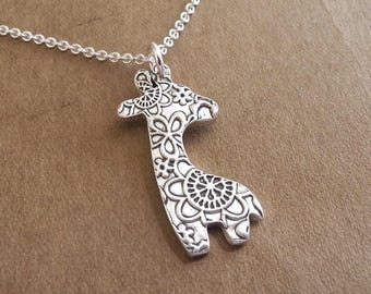 Silver Giraffe Necklace, Medium Flowered, Fine and Sterling Silver, Made To Order