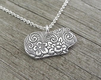 Guinea Pig Necklace, Short Haired Guinea Pig Pendant, Flowered Guinea Pig Charm, Fine and Sterling Silver, Made To Order