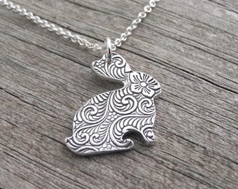 Small Rabbit Necklace, Little Flowered Bunny, Fine and Sterling Silver, Made To Order