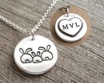 Personalized Small Rabbit Family Necklace, Mom Dad Baby, Family of Three, Engraved Heart, Fine and Sterling Silver, Made To Order