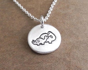 Tiny Mother and Baby Dinosaur Necklace, New Mom Necklace, Fine and Sterling Silver, Made To Order