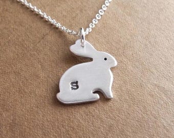 Personalized Little Rabbit Necklace, Bunny Initial Necklace, Fine and Sterling Silver, Made To Order