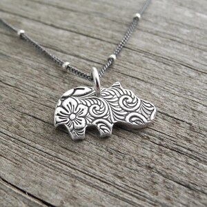 Tiny Hippo Necklace, Flowered Baby Hippo, Fine and Sterling Silver, Made To Order