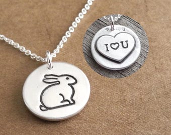 Personalized Small Rabbit Necklace, Engraved Heart, Bunny Pendant, Fine and Sterling Silver, Made To Order