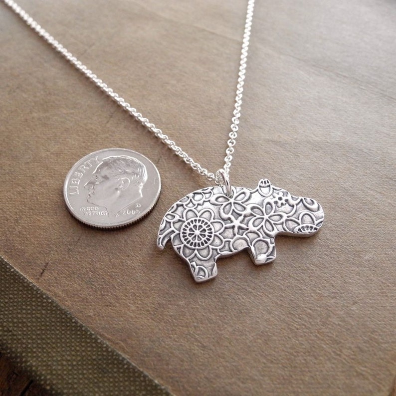 Hippo Necklace, Flowered Hippo, Fine Silver, Sterling Silver Chain, Made To Order image 3