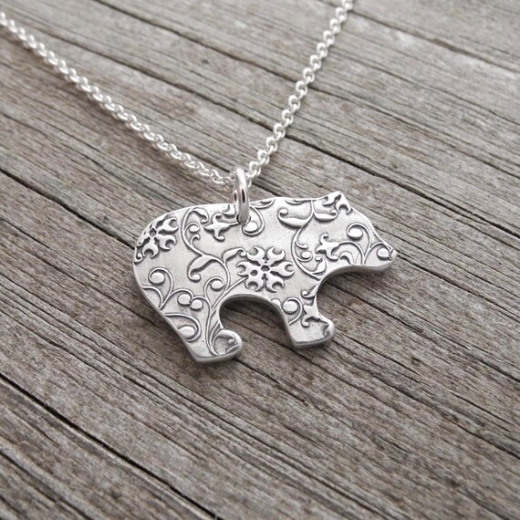 Bear Necklace, Flowering Vine Grizzly, Fine and Sterling Silver, Made To Order