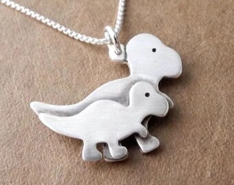 Mother and Baby T-Rex Necklace, Mom and Baby Dinosaur, New Mom Necklace, Mother and Child, Fine and Sterling Silver, Made To Order