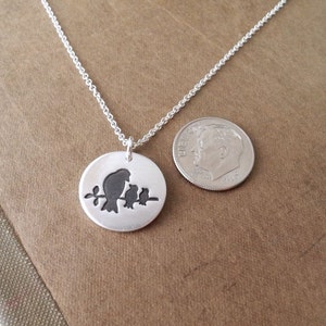 Personalized Mother and Two Baby Birds Necklace, Two Kids Children, Engraved Heart, Fine Silver, Sterling Silver Chain, Made To Order image 4