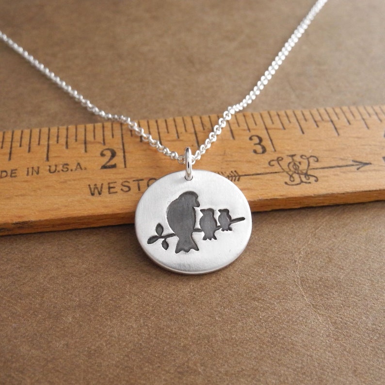 Personalized Mother and Two Baby Birds Necklace, Two Kids Children, Engraved Heart, Fine Silver, Sterling Silver Chain, Made To Order image 5
