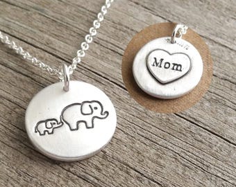 Elephant Necklace, Mother and Baby, Small Personalized, New Mom Necklace, Engraved Heart, Fine and Sterling Silver, Made To Order