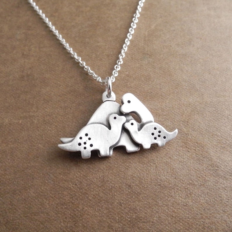 Mother and Two Baby Dinosaurs Necklace, Mom and Two Kids, Fine Silver, Sterling Silver Chain, Made To Order image 1
