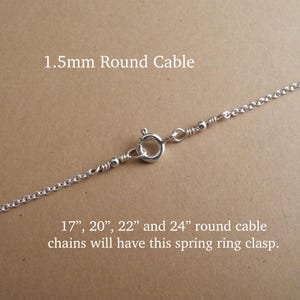 a 1.5mm round cable chain with a spring ring clasp, accompanied by text providing the dimensions of the chain.