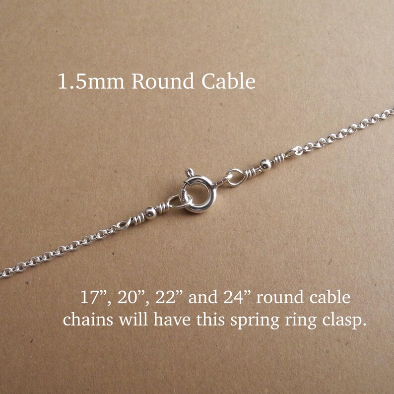 a 1.5mm round cable chain with a spring ring clasp, accompanied by text providing the dimensions of the chain.