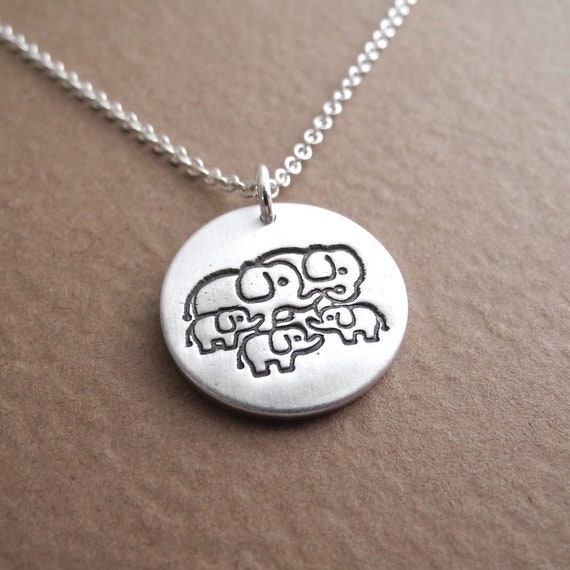 Elephant Family Necklace, Mom, Dad, Three Babies, Family of Five, New Family Necklace, Fine Silver, Sterling Silver Chain, Made to Order