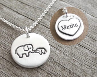 Elephant Necklace, Mother and Baby, Small Personalized, New Mom Necklace, Engraved Heart, Fine and Sterling Silver, Made To Order