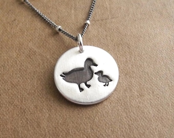 Small Mother and Baby Duck Necklace, New Mom Necklace, Mother and Child, Duckling, Fine and Sterling Silver, Made To Order