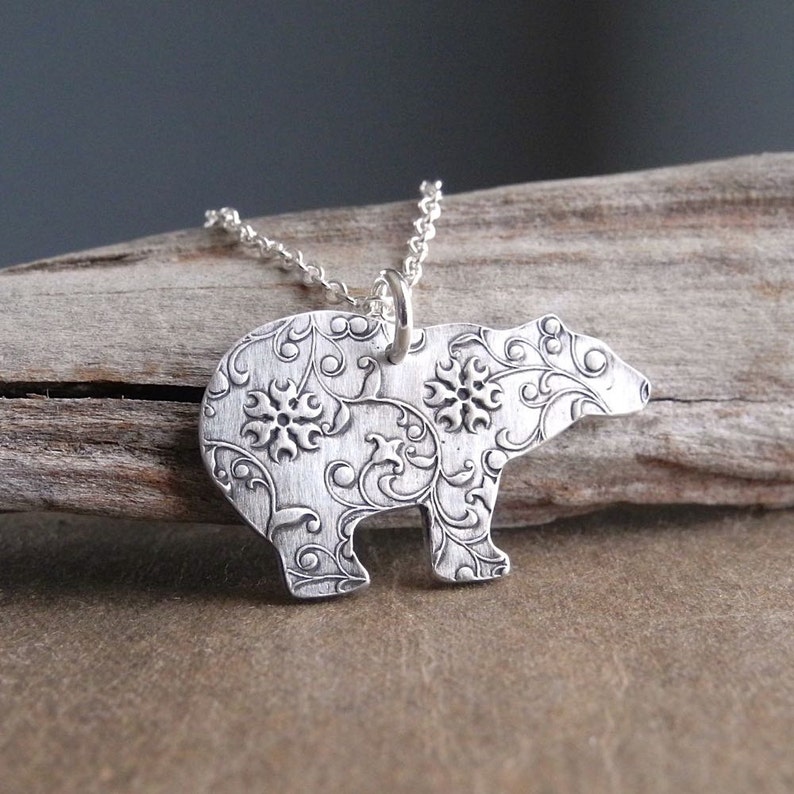 Silver Polar Bear Necklace, Fine Silver Flowering Vine Polar Bear, Sterling Silver Chain, Made To Order image 4