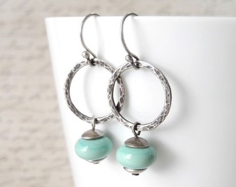 Sterling Silver and Aqua Glass Earrings, Ready To Ship