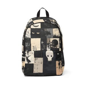 Edgy Skull Backpack: Gothic Black & Beige Nylon Rucksack