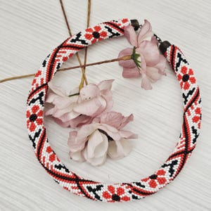Ukrainian Beaded Necklace Red Black White | Handmade Ethnic Crochet Rope | Folk Jewelry Gift | Statement Choker with Japanese Beads