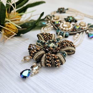 Baroque Statement Necklace – One of a Kind Beaded Jewelry with Austrian Crystals, Pearls & Fringe, Embroidered Art Necklace