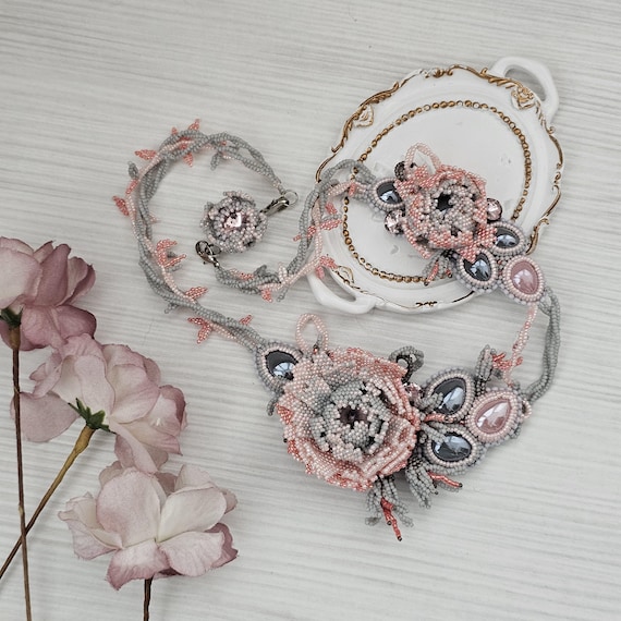 Pink Beaded Floral Statement Necklace Pink Orchid Flower Statement Necklace - Beaded Bow Choker  main image 3