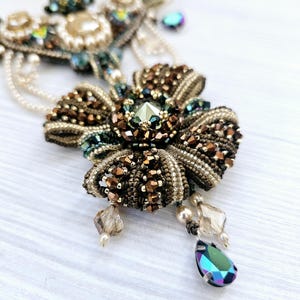 One of a Kind Embroidered Necklace – Green & Gold Crystal Beadwork Jewelry, Vintage Style Art Necklace with Austrian Pearls